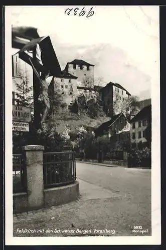 AK Feldkirch, Strassenpartie mit den Schweizer Bergen