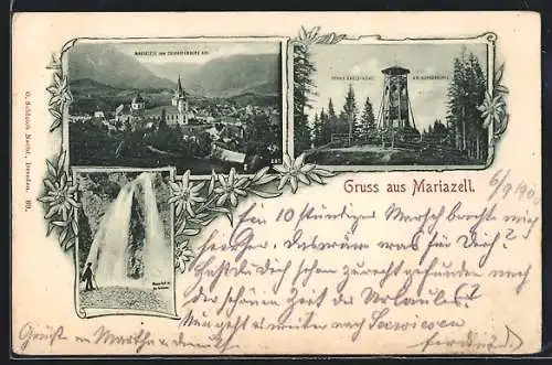 AK Mariazell, Teilansicht vom Calvarienberg aus, Franz Karls-Höhe am Bürgeralpel, Wasserfall in der Günau