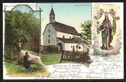 Lithographie St. Corona, Wallfahrtskirche, Wegkreuz in der Klause in Aspang