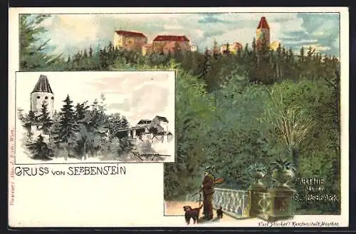 Lithographie Seebenstein, Partie aus dem Schlosspark