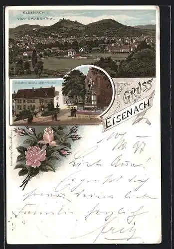 Lithographie Eisenach, Ortsansicht vom Grabenthal, Sebastian Bach's Geburtshaus & Denkmal