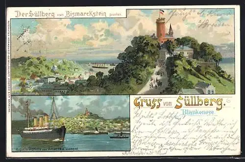 Lithographie Hamburg-Blankenese, Gasthaus zum Süllberg, Passagierschiff Augusta Victoria