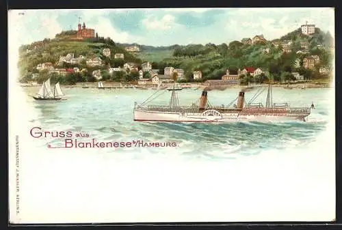 Lithographie Hamburg-Blankenese, Alsterdampfer vor dem Süllberg