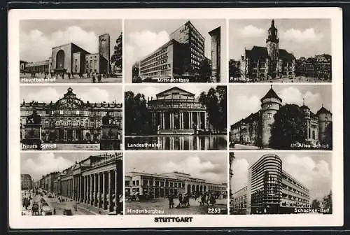 AK Stuttgart, Mitternachtbau, Hauptbahnhof, Hindenburgbau