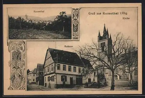 AK Rauenthal i. Rhg., Rathaus und Kirche, Ortsansicht