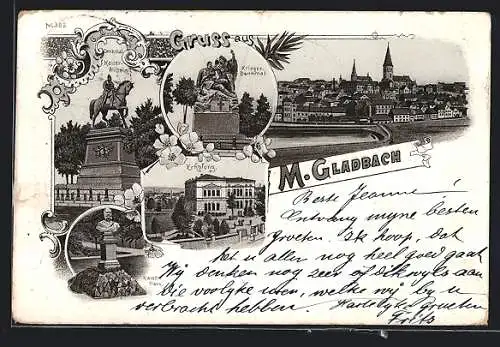 Lithographie M.-Gladbach, Erholung, Krieger-Denkmal, Kaiser-Park