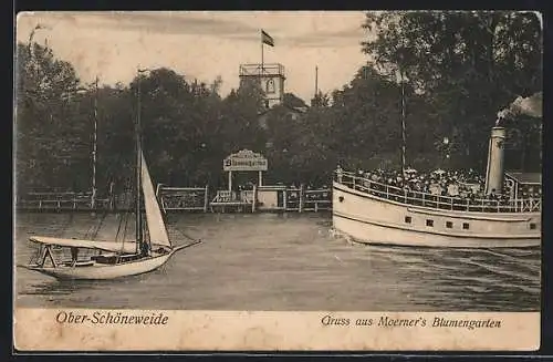 AK Berlin-Oberschöneweide, Ober-Schöneweide, Gasthaus Moerner`s Blumengarten mit Dampfer