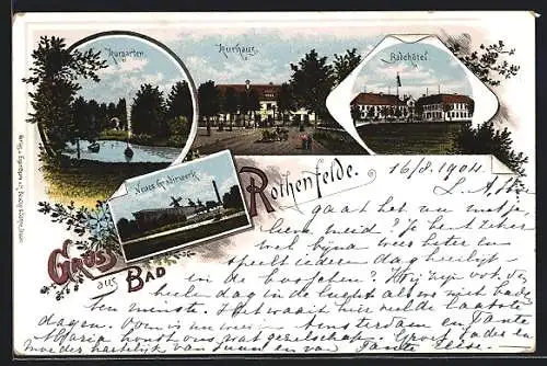 Lithographie Bad Rothenfelde, Badehotel, Gradierwerk, Kurhaus, Kurgarten