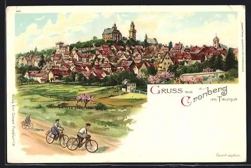 Lithographie Cronberg im Taunus, Teilansicht und Radfahrer