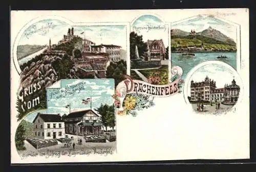 Lithographie Königswinter, Hotel und Restaurant zum Drachenfels, Ruine Drachenfels, Chorruine Heisterbach