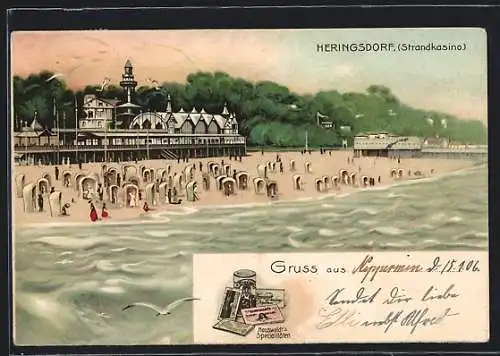 Lithographie Heringsdorf / Seebad, Blick zum Restaurant Strandkasino