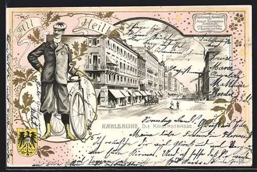 Präge-Lithographie Karlsruhe, Kaiserstrasse mit Pferdewagen, Radfahrer, Wappen