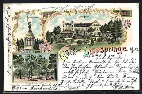 Lithographie Lippspringe, Hotel Peters, Promenade mit Trinkhalle