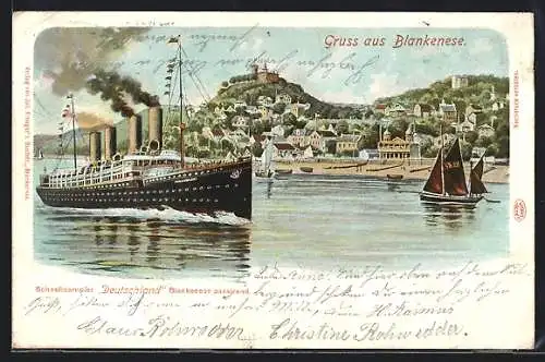 Lithographie Hamburg-Blankenese, Schnelldampfer Deutschland in Flaggengala den Süllberg passierend