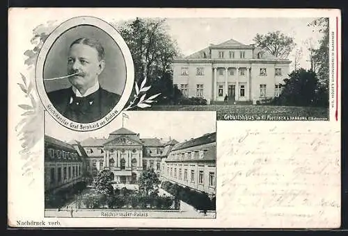 AK Kl. Flottbek /Hamburg, Reichskanzler Graf Bernhard von Bülow und Geburtshaus, Reichskanzler-Palais