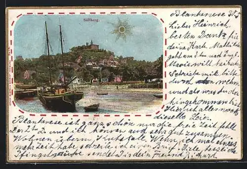 AK Hamburg-Blankenese, Ortsansicht mit Fischerboot und Süllberg, goldene Sonne