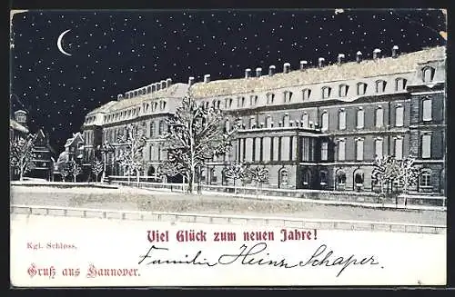 AK Hannover, Kgl. Schloss mit Mondsichel und Sternen, Glitzer, Neujahrsgruss