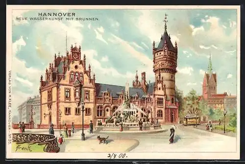 Lithographie Hannover, Neue Wasserkunst mit Strassenbahn