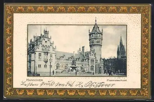 Passepartout-Lithographie Hannover, Partie an der Flusswasserkunst, Florale Ornamente