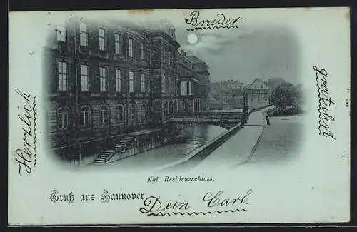 Mondschein-AK Hannover, Kgl. Residenzschloss mit Brücke und Uferstrasse