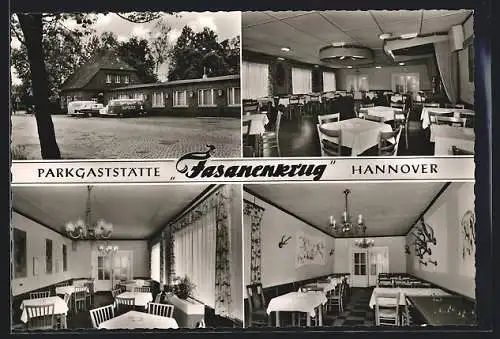 AK Hannover, Gasthaus Fasanenkrug, parkende Autos und Speiseraum