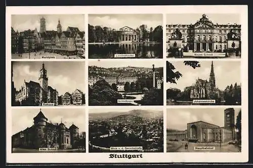 AK Stuttgart, Landestheater, Neues Schloss, Rathaus und Hauptbahnhof