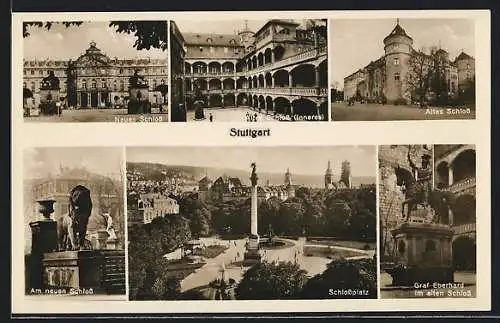 AK Stuttgart, Neues Schloss, Altes Schloss mit Hof und Graf Eberhardt