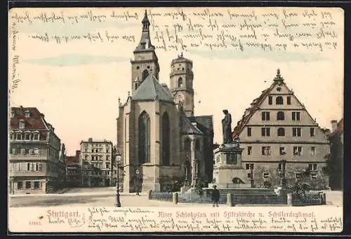 AK Stuttgart, Alter Schlossplatz mit Stiftskirche und Schillerdenkmal