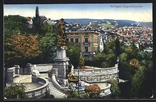 AK Stuttgart, Teilansicht mit Eugensbrunnen