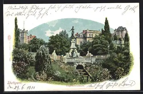 Lithographie Stuttgart, Eugensbrunnen mit Anlage