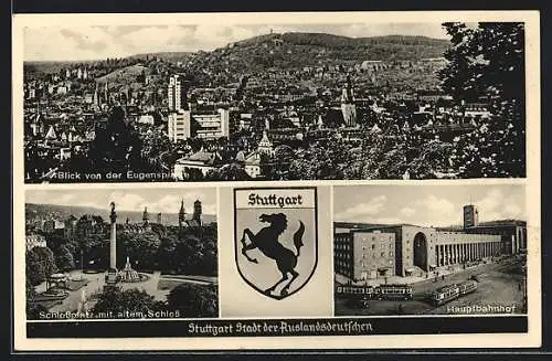 AK Stuttgart, Blick von der Eugensplatte, Schlossplatz und Hauptbahnhof