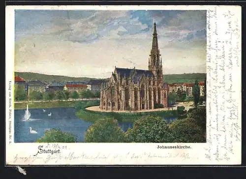 AK Stuttgart, Johanneskirche mit Uferpartie