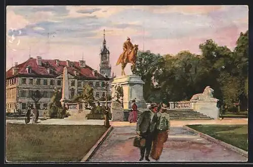 Künstler-AK Stuttgart, Passanten am Kaiser-Wilhelm-Denkmal