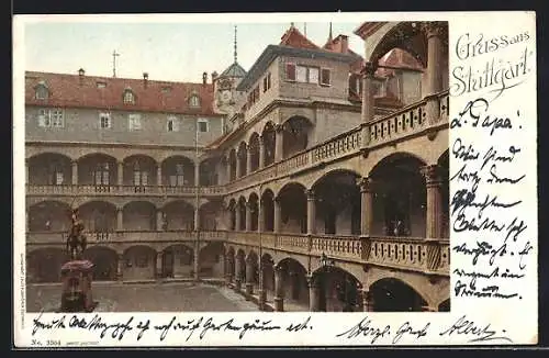 AK Stuttgart, Alter Schlosshof mit Denkmal