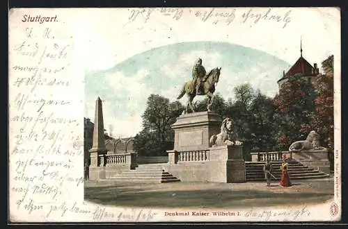 Lithographie Stuttgart, am Denkmal Kaiser Wilhelm I.