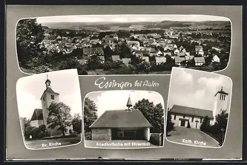 AK Essingen bei Aalen, Ev. Kirche, Friedhofallee mit Ehrenmal, Kath. Kirche