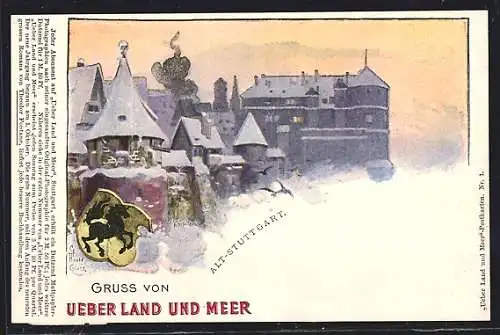 Künstler-AK Stuttgart, Ueber Land und Meer, Zeitung, Alt-Stadt im Winter, Wappen