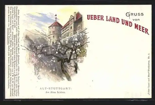 Lithographie Stuttgart, Altes Schloss im Frühling