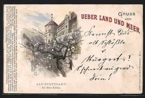 Lithographie Stuttgart, Altes Schloss im Frühling
