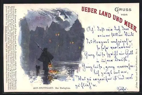 Künstler-AK Stuttgart, Nachtwächter auf dem Marktplatz