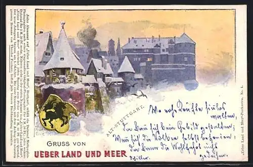 AK Stuttgart, Ueber Land und Meer, Zeitung, Alt-Stadt im Winter, Wappen