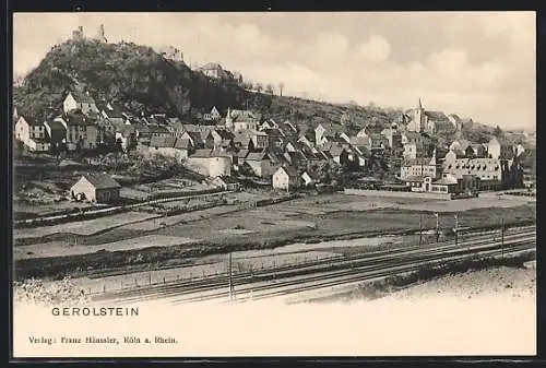 AK Gerolstein, Teilansicht mit Ruine und Bahngleisen