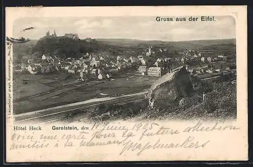 AK Gerolstein /Eifel, Hotel Heck, Ortsansicht mit Felsen und Ruine