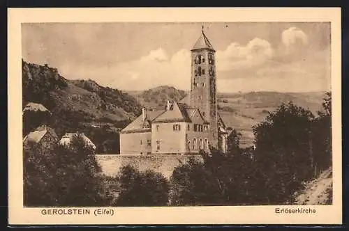 AK Gerolstein /Eifel, Die Erlöserkirche in der Hügellandschaft