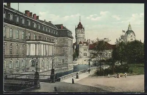 AK Hannover, Königl. Residenzschloss, Wasserkunst und Rathausturm