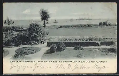 AK Krautsand, Buhrfeind`s Garten und die Elbe mit dem Dampfer Deutschland