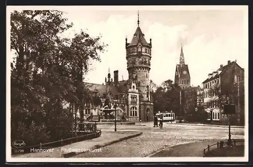 AK Hannover, Flusswasserkunst, Strassenbahn
