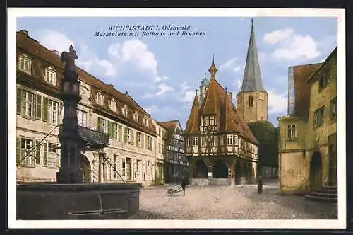 AK Michelstadt /Odenwald, Marktplatz mit Rathaus und Brunnen