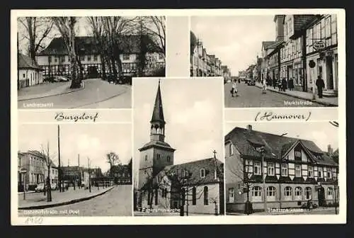 AK Burgdorf /Hannover, Marktstrasse, Bahnhofstrasse mit Post, Landratsamt, Pankratiuskirche, Stadtsparkasse