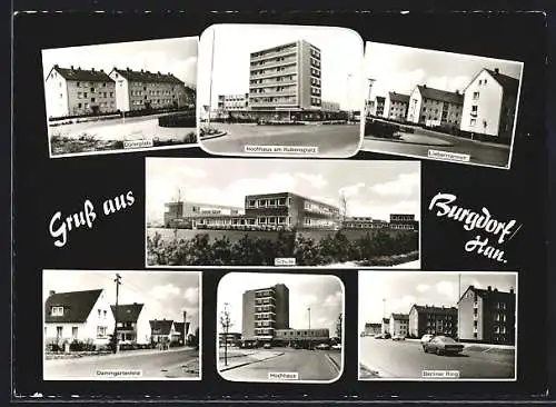 AK Burgdorf / Hannover, Liebermannstr., Berliner Ring, Dürerplatz, Hochhaus am Rubensplatz, Schule, Dammgartenfeld